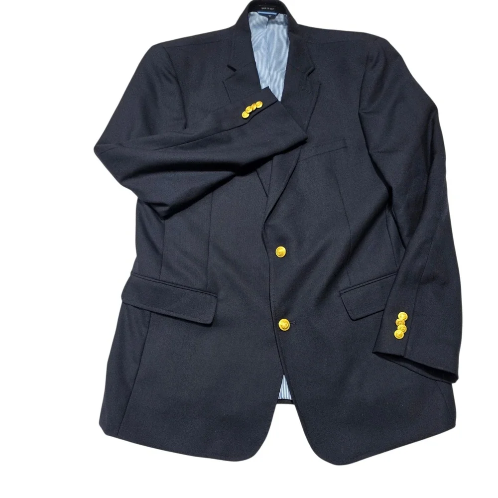 Tommy Hilfiger‎ Mens Navy Blue Worsted Wool Two Button Blazer 44L Sport Coat
